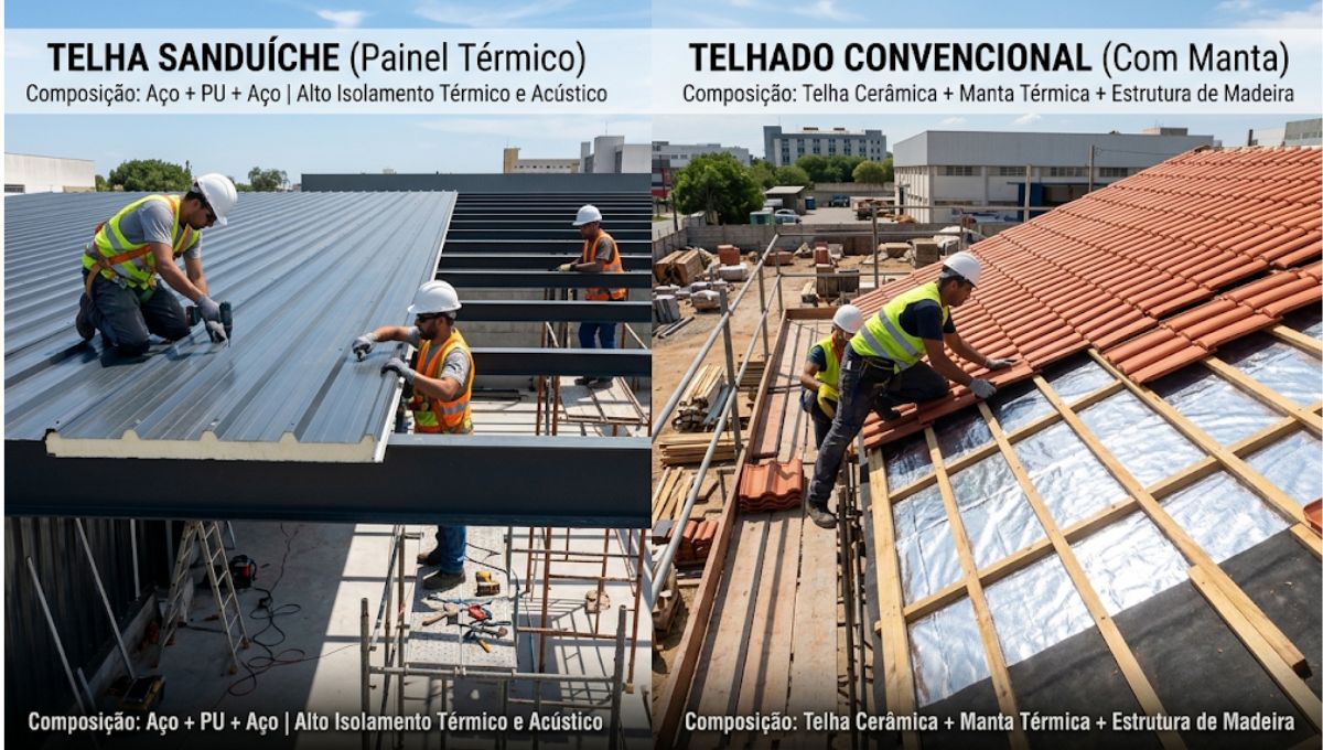 Telha Sanduíche: Guia Completo para Escolher, Instalar e Aproveitar o Melhor Custo-Benefício em 2026 3 Diferença entre telha sanduíche e telhado convencional com manta térmica