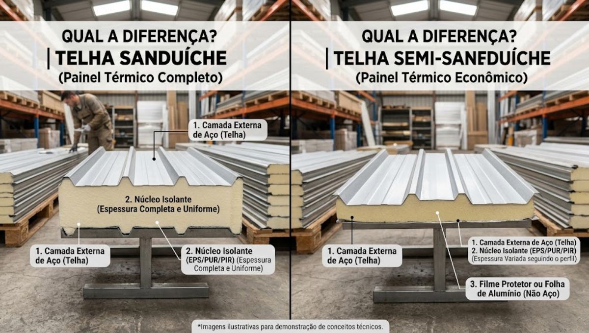 Telha Sanduíche Preço 2026: 7 Dicas para Economizar 2 A diferença entre telha sanduíche e semi-sanduíche